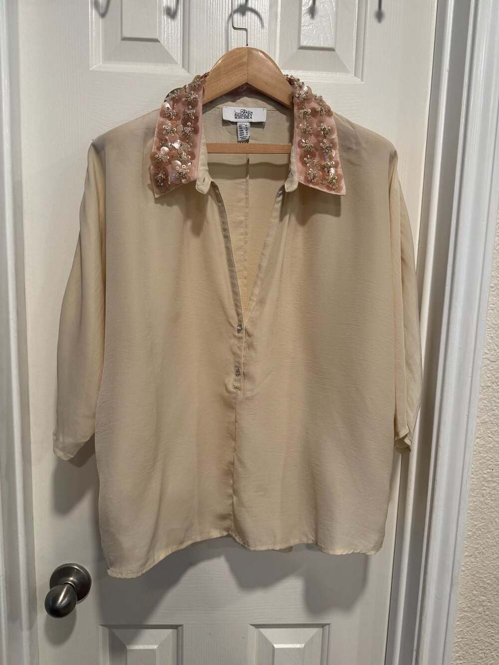Belle Badgley Mischka Blouse Womens 12 Beige Pink Beaded Sequin Collar Elegant